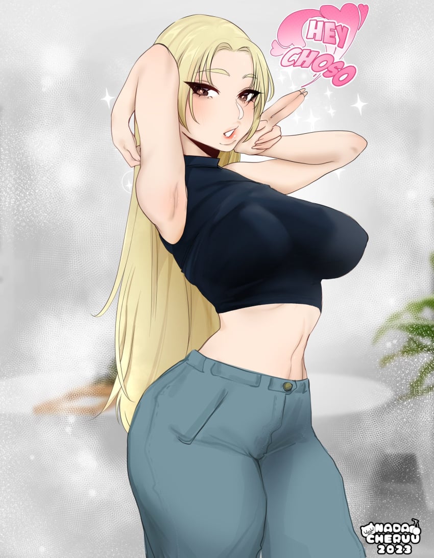 1girls blonde_hair brown_eyes clothing dialogue english_text female female_only hi_res jujutsu_kaisen long_hair looking_at_viewer nadacheruulewd solo talking_to_viewer text thick_thighs yuki_tsukumo