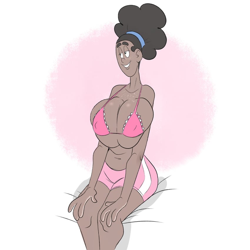 bra dark-skinned_female huge_breasts shorts simple_background solo wappah wappai_wilson_(wappah)