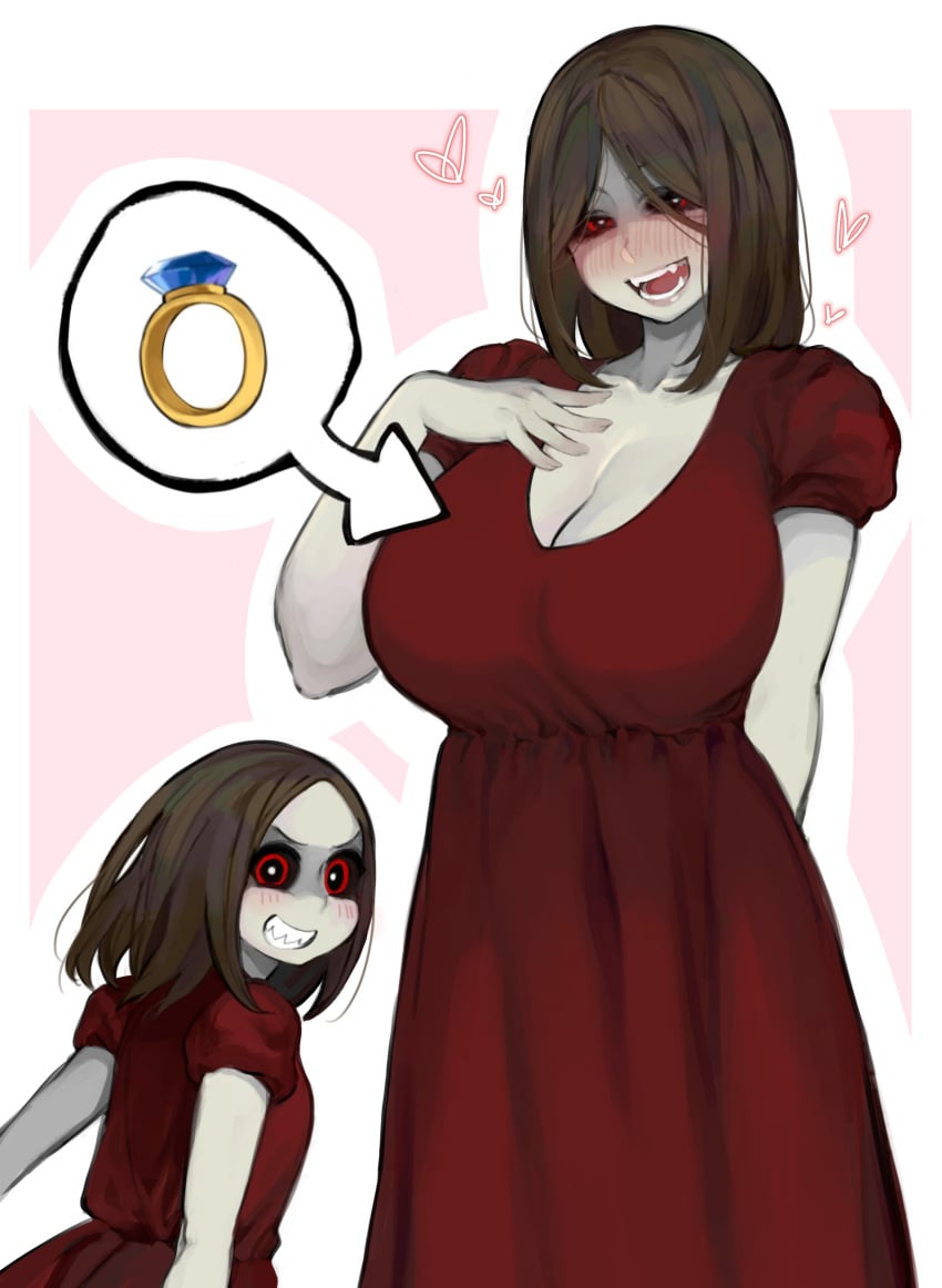 2girls big_breasts ghost_girl ghost_girl_(lethal_company) lethal_company looking_at_viewer milf mother multiple_girls older_female otxoa60 red_dress red_eyes wedding_ring