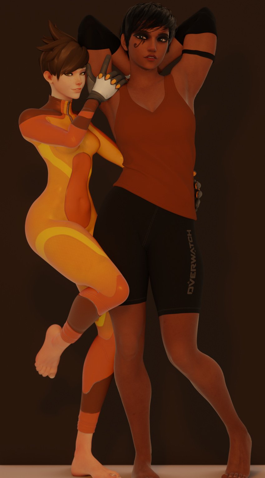 2girls 3d clothed dommorama duo duo_focus embrace exposed_feet eye_contact feet female female_only foot_fetish fully_clothed jumpsuit lena_oxton looking_at_viewer multiple_girls no_penetration overwatch overwatch_2 pharah pose self_upload tracer