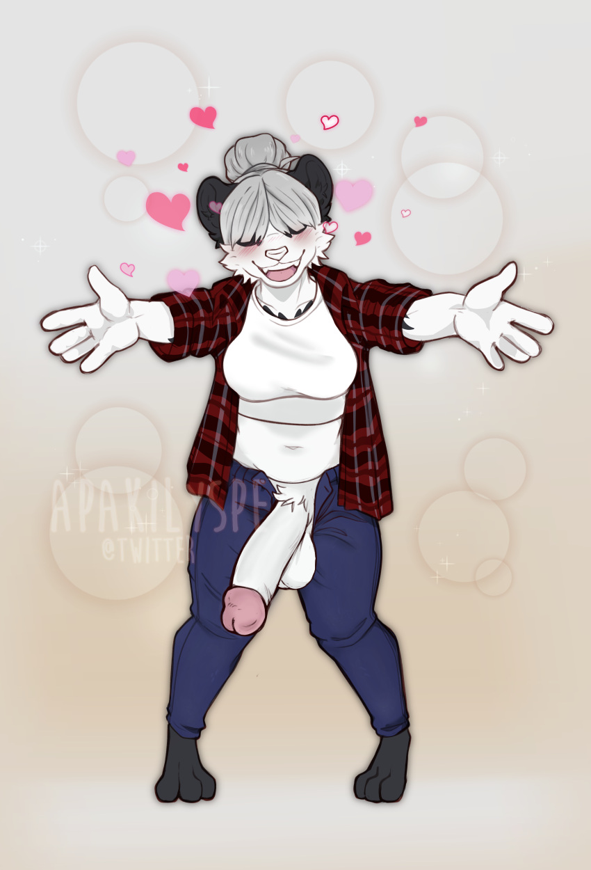 absurd_res aimi_(sleepysushiroll) anthro apakilyspe balls bear big_penis blush bottomwear clothing crop_top denim denim_bottomwear denim_clothing flannel genitals giant_panda gynomorph heart hearts_around_body hi_res hug_invitation hug_request intersex inviting inviting_viewer jeans mammal pants penis shirt solo topwear