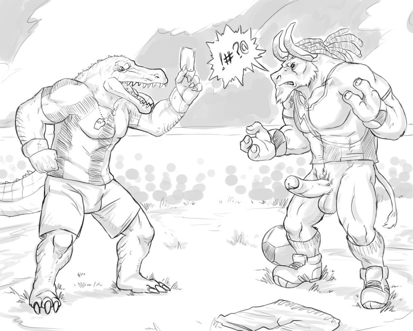 2boys 3_fingers 3_toes 4_fingers alistar alligator angry anthro badcoyote ball balls barefoot bottomless bovine bulge card claws clothing crocodile crotch_bulge dreadlocks duo_focus erection eye_contact footwear frown fur greyscale hair humanoid_penis jersey league_of_legends lizard looking_at_another male male_only minotaur monochrome muscles open_eyes open_mouth penis referee renekton reptile scalie sharp_teeth shirt shoes shorts side_view soccer soccer_ball soccer_cup_series standing sweeper_alistar tail tail_tuft the_grind_series uncensored whistle wristband