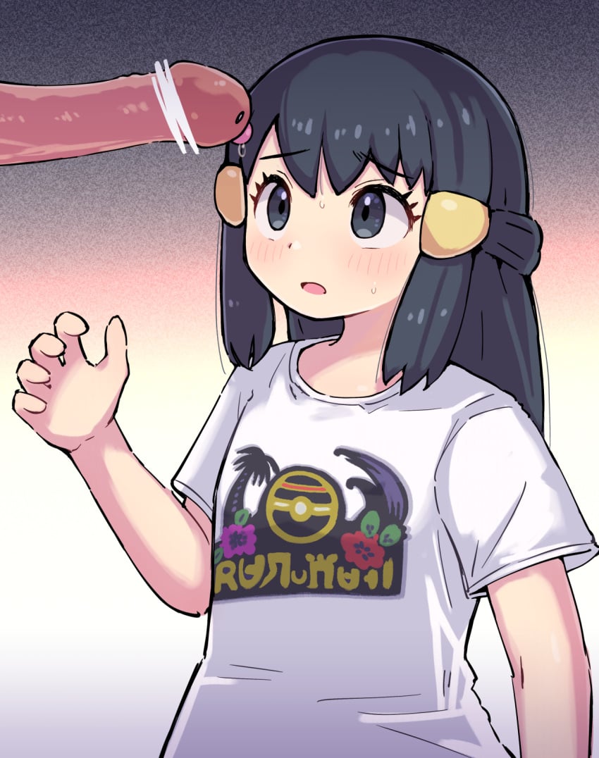 :o akari_(pokemon) bar_censor black_hair blush censored character_censor commentary_request diglett erection eyelashes female grey_eyes hair_ornament hairclip hand_up highres kutabireta_neko long_hair novelty_censor open_mouth penis penis_with_face pokemon pokemon_legends:_arceus print_shirt raised_eyebrows shirt short_sleeves sidelocks sweat t-shirt upper_body white_shirt