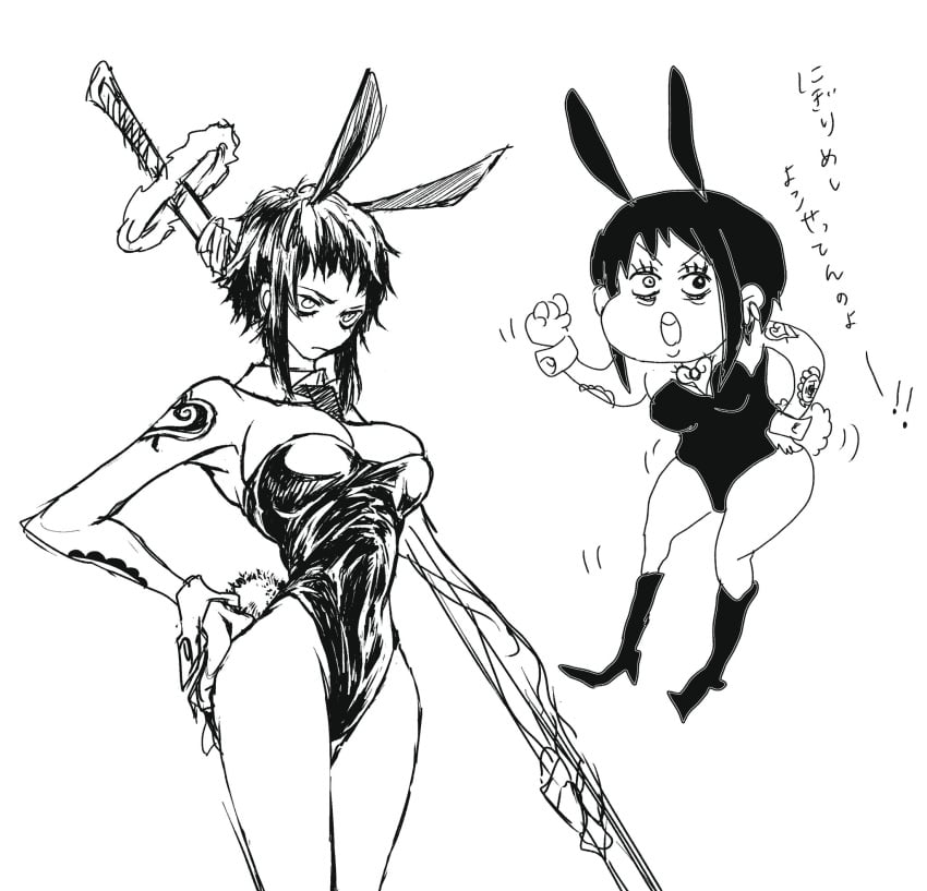 1girls bags_under_eyes black_and_white bunny_ears bunny_girl bunny_tail bunnysuit canon_genderswap cleavage febig_breasts female female_only genderswap_(mtf) gomikusohanage hand_on_hip hourglass_figure katana monochrome nodachi one_piece rule_63 short_hair short_hair_with_long_locks sidelocks sketch solo sword tattoo tattooed_arm tattoos trafalgar_law trafalgar_law_(female) wide_hips