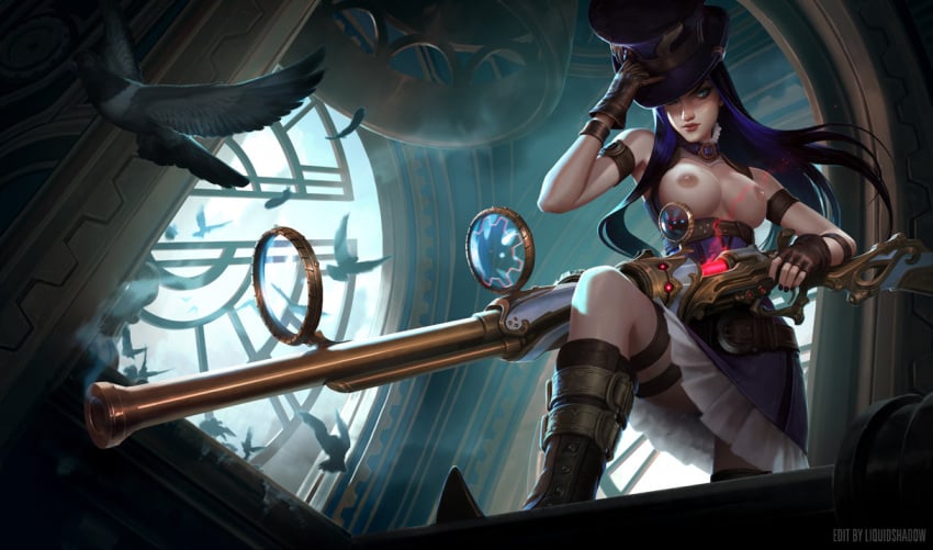 1girls areola armband belt bird blue_eyes boots breasts caitlyn_kiramman choker edit female fingerless_gloves from_below gloves gun hat indoors large_breasts league_of_legends liquidshadow long_hair nipples nude_edit pose purple_hair rifle smoke solo top_hat weapon window