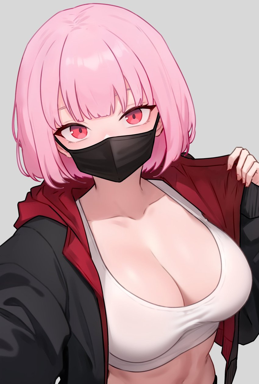 1girls alternate_hairstyle bluefield breasts cleavage female hololive hololive_english hololive_myth huge_breasts light-skinned_female light_skin mask mori_calliope naughty_face pink_eyes pink_hair short_hair virtual_youtuber