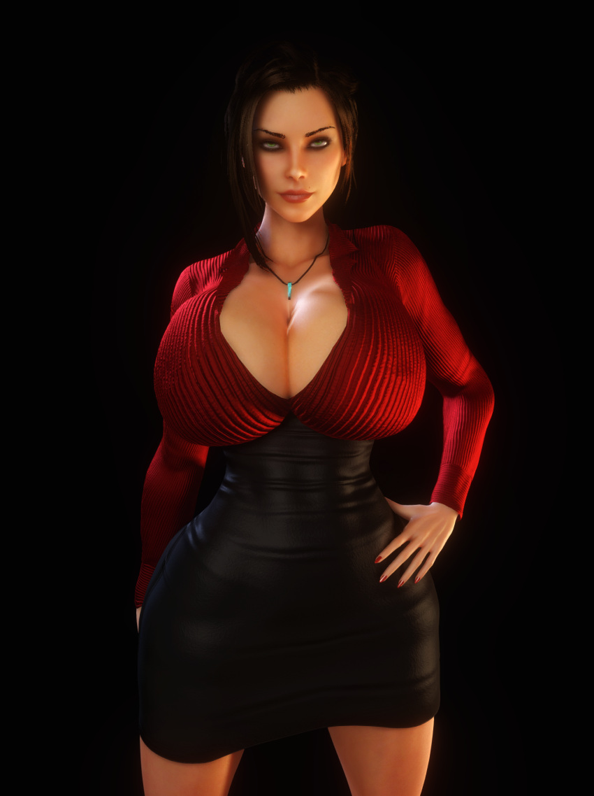 1girls 3d 3d_(artwork) alternate_breast_size big_breasts black_hair black_skirt cleavage elexis_sinclaire female female_only green_eyes hips hourglass_figure huge_breasts large_breasts looking_at_viewer necklace open_clothes open_shirt sin_(game) skirt small_waist solo solo_female thighs thin_waist tight_clothing top_heavy upper_body vaako wasp_waist wide_hips