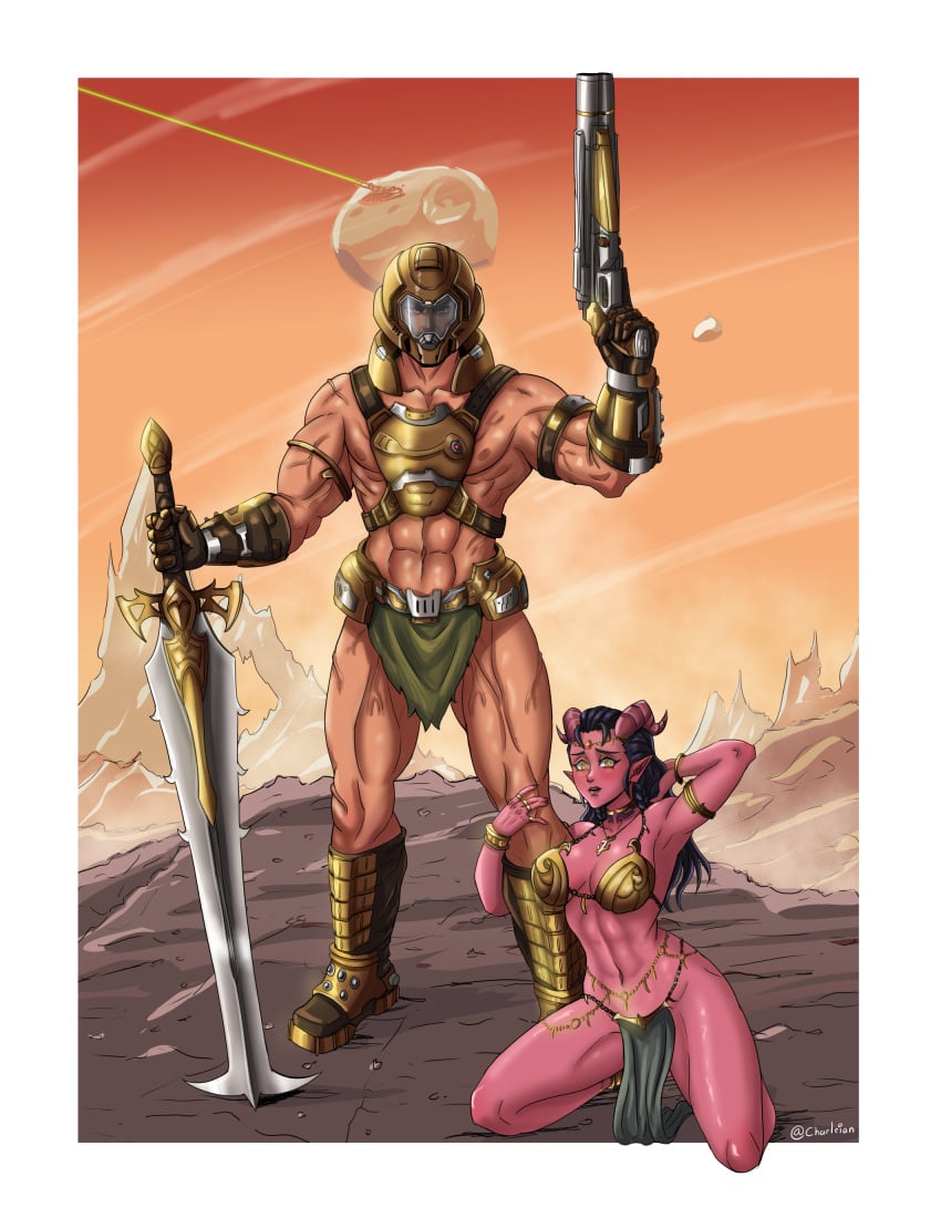 1boy 1boy1girl 1boys 1girls a_princess_of_mars adapted_costume alternate_costume armlet armlets armor armored_boots armored_gloves barbarian barbarian_armor barsoom belly_chain bfg_(doom) bikini bikini_bottom bikini_top body_jewelry boots bracelet bracelets charleian choker collar cosplay costume crossover crucible_(doom) dahlia_(day_of_wrath) day_of_wrath day_of_wrath_(doom_fanfic) dejah_thoris demon demon_girl demon_horns desert doom doom_(2016) doom_(series) doom_eternal doom_slayer doom_slayer_(doom) doomguy double-barreled_shotgun exposed_midriff fantasy female firearm gauntlets gold gold_(metal) gold_armlet gold_bikini gold_bracelet gold_bracelets gold_chain gold_collar gold_jewelry gold_necklace gold_ring gold_rings golden_armlet golden_bikini golden_choker golden_collar golden_necklace golden_ring golden_rings grabbing_another's_leg grabbing_leg gun headband headgear headwear helmet holding_another's_leg holding_gun holding_leg holding_shotgun holding_sword holding_weapon horned_female horns infinitypilot jewelry john_carter john_carter_of_mars kneeling kneeling_female literature loincloth long_hair long_hair_female looking_at_viewer male mars_(planet) medium_breasts midriff mountains muscular muscular_male necklace orange_eyes original original_character outdoor outdoors outside panties pelvic_curtain pink_skin public_domain red_skin revealing_clothes revealing_clothing revealing_costume revealing_outfit ring ring_(jewelry) rings sand sandals sci_fi science_fiction scifi shotgun skimpy skimpy_clothes skimpy_costume skimpy_outfit smile smiling smiling_at_viewer solo solo_female succubus succubus_horns sword tiefling underwear visor_(armor) visor_(helmet) visor_helmet weapon yellow_eyes