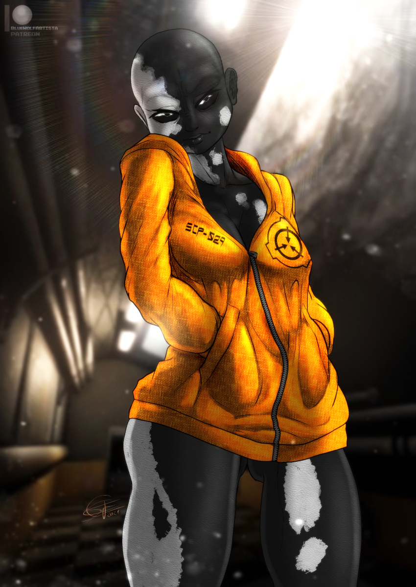 1girls 2021 alternate_version_available artist_name bald bald_female black_body black_eyes black_lips black_skin clothing d-class exposed_pussy female female_only hoodie_only no_panties no_pants patreon patreon_username scp-029 scp_foundation shadows stains standing watermark