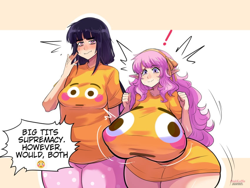 2girls blushing_emoji breast_size_difference breasts dialogue emoji emoji_(race) english_text female flushed_emoji flushed_emoji_shirt huge_breasts light-skinned_female light_skin long_hair massive_breasts meme meme_attire original original_character pink_hair pinkkoffin purple_eyes purple_hair small_breasts thick_thighs