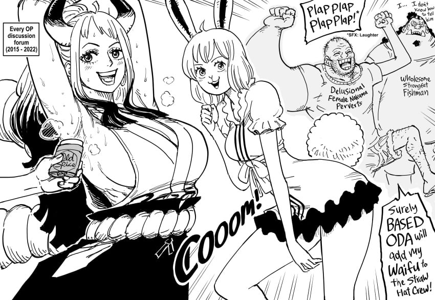 2boys 2girls absurd_res anthro armpits arms_up bb_(baalbuddy) black_and_white bunny_ears bunny_tail carrot_(one_piece) coomer deodorant dialogue english_text female funny horns jinbe lagomorph leporid looking_at_viewer male monochrome one_piece sideboob smiling smiling_at_viewer speech_bubble text_on_clothing yamato_(one_piece)