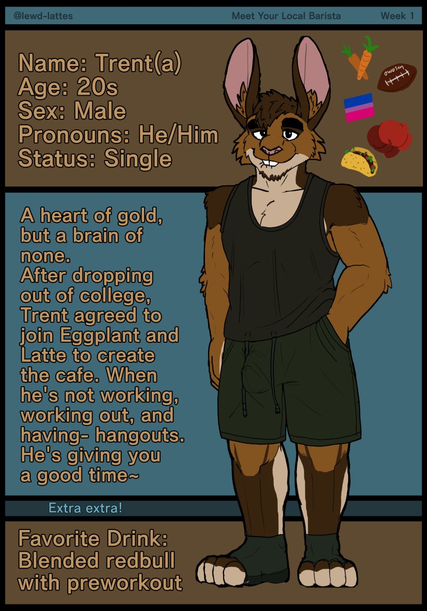 absurd_res anthro bedroom_eyes bisexual_pride_colors bite biting_lip bottomwear boxing_gloves brown_body brown_fur bulge carrot clothing food football_(disambiguation) fur hand_in_pocket handwear hi_res lagomorph leporid lewd_latte lgbt_pride male male_only mammal narrowed_eyes plant pockets pride_colors rabbit seductive shirt shorts smile solo taco tank_top topwear trent_(lewd_latte) vegetable