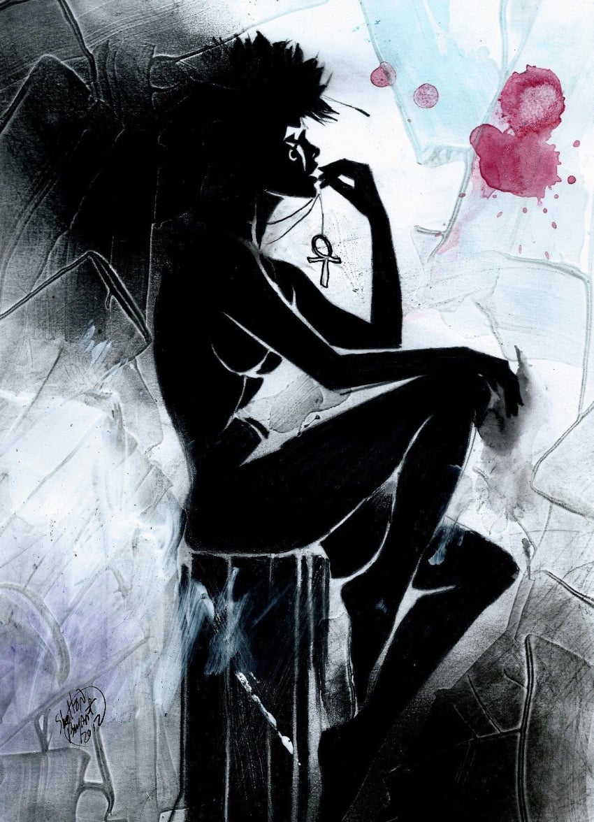 ankh black_hair casual dc dc_comics death_(personification) death_of_the_endless female monochrome neckwear nude pale_skin pencil_(artwork) shelton_bryant the_sandman