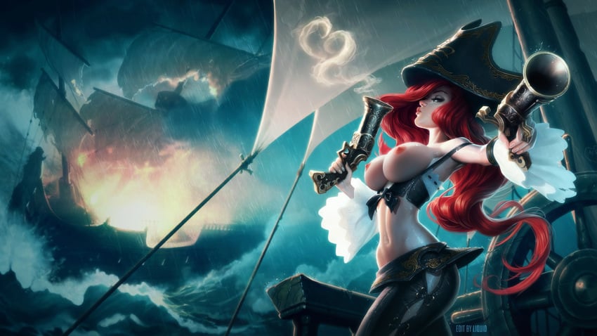 breasts edit edited exposed_breasts high_resolution highres large_breasts league_of_legends liquidshadow miss_fortune official_art official_artwork_edit perky_breasts red_hair riot_games wet_skin