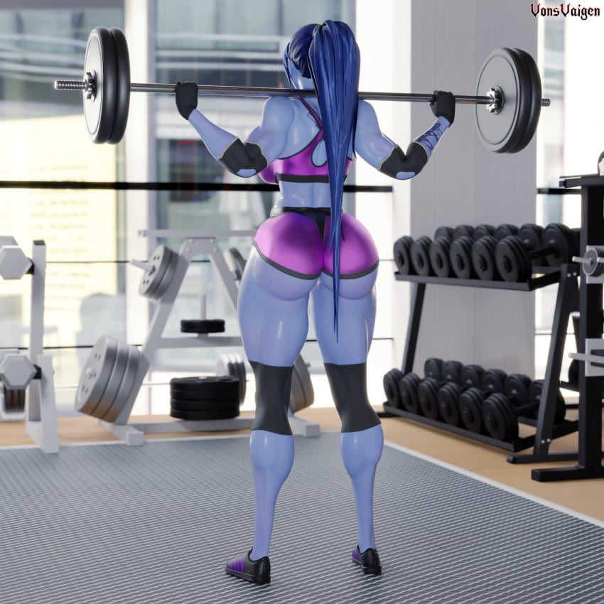 1girls 3d abs amelie_lacroix ass big_ass big_breasts black_fingernails black_nails black_thong blizzard_entertainment blue_hair elbow_sleeve female female_only fit fit_female gym looking_at_viewer muscular muscular_female muscular_thighs no_pants oiled oiled_skin oily overwatch overwatch_2 ponytail purple-skinned_female purple_skin solo solo_female sports_bikini sports_bra tattoo tattoo_on_stomach thick_thighs thong thunder_thighs vonsvaigen wide_hips widowmaker yellow_eyes