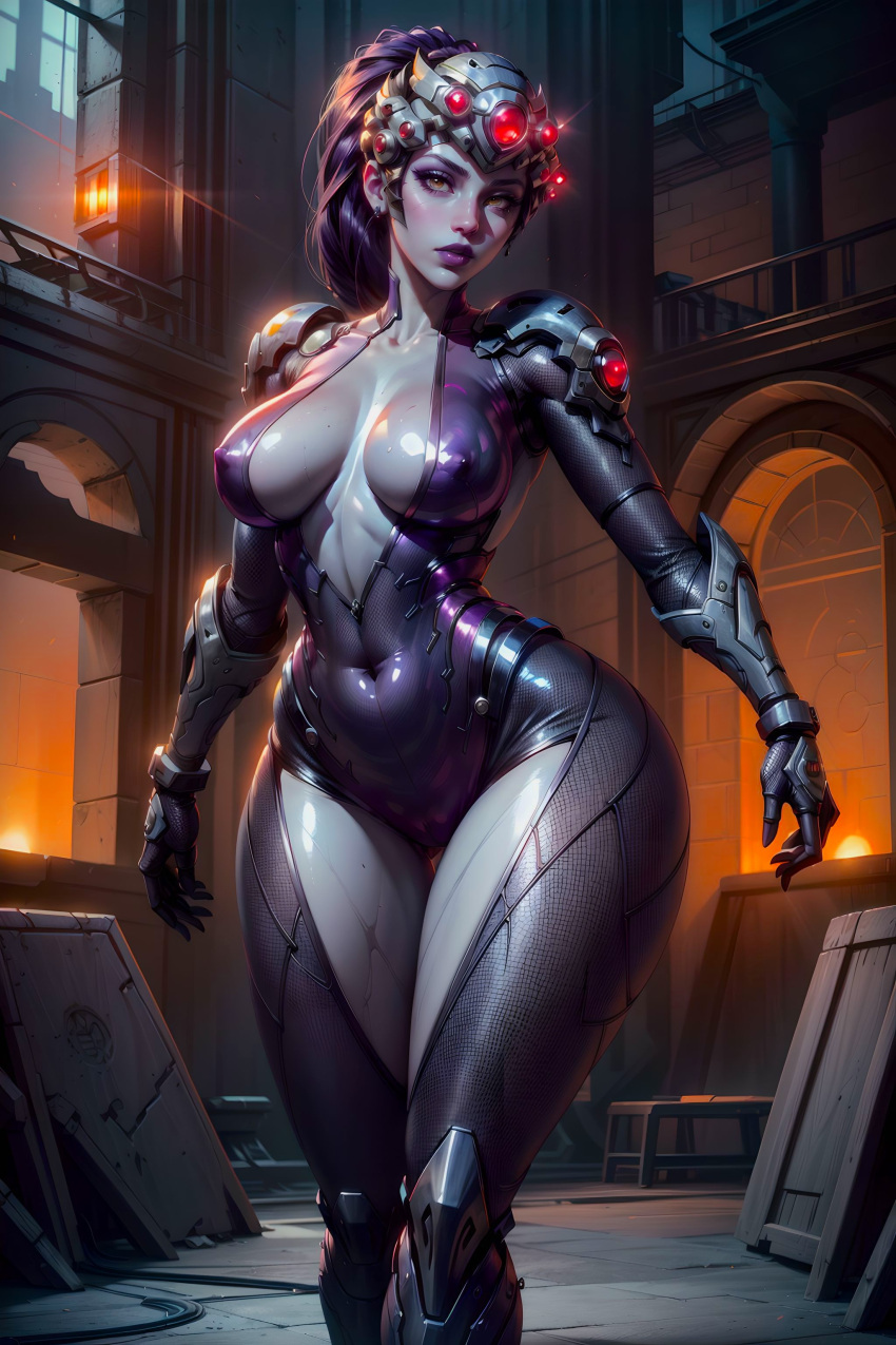 2d ai_generated female loraart medium_breasts overwatch overwatch_2 purple_hair purple_lipstick solo thick_thighs widowmaker