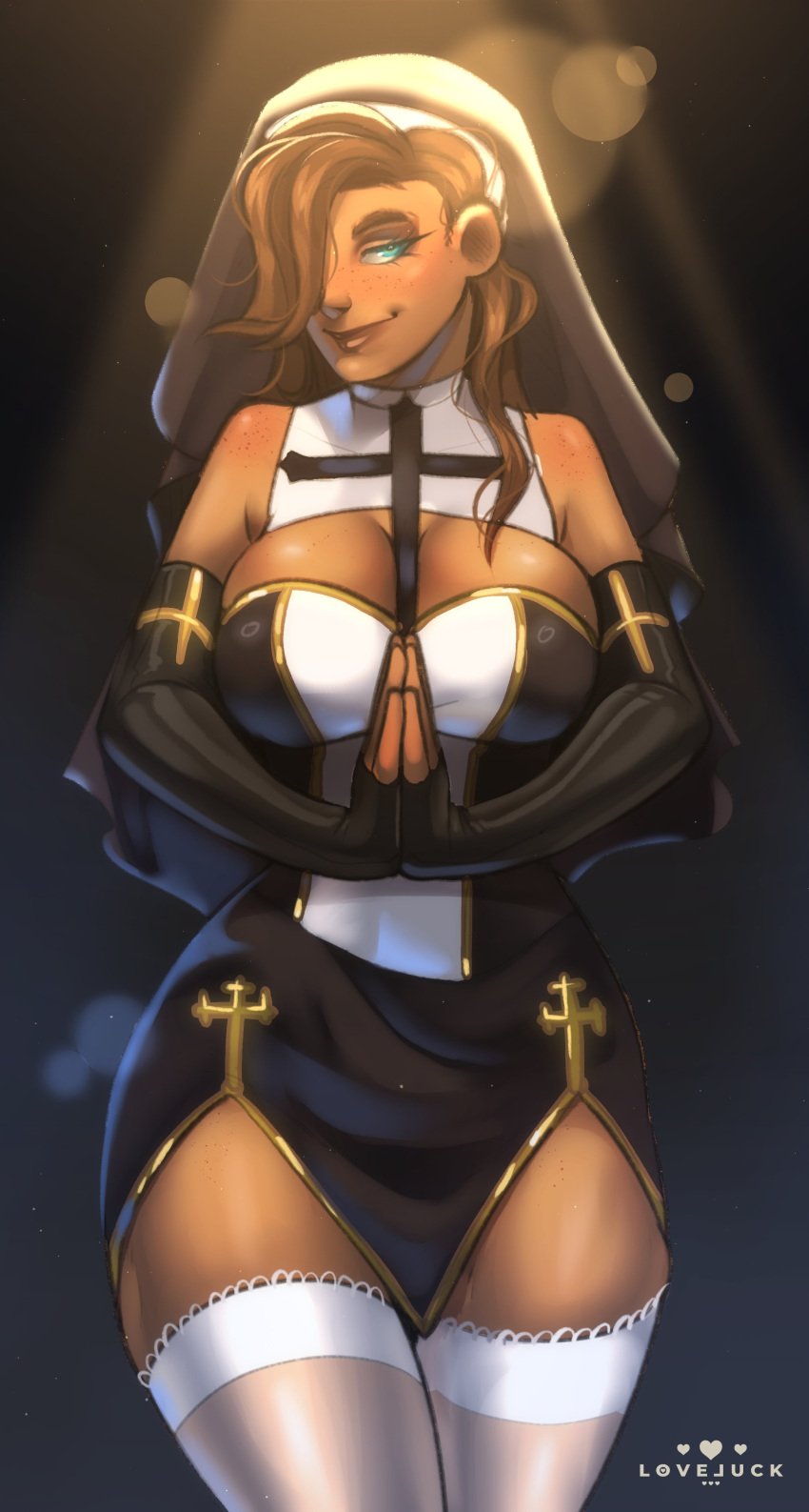 1girls big_breasts breasts cleavage clothed dark-skinned_female dark_skin female female_only lady_loveluck large_breasts nun solo thick_thighs thighhighs thighs wide_hips