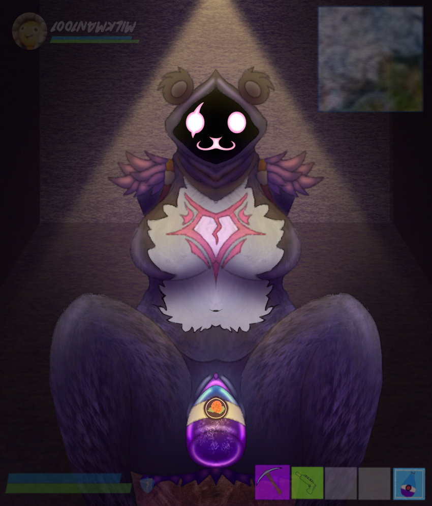 anthro ass bear big_breasts breasts clothed clothing digital_media_(artwork) epic_games eye_contact eye_scar facial_scar female food_insertion fortnite fur genitals hi_res humanoid looking_at_another looking_at_viewer mammal nude object_in_pussy object_insertion purple_body pussy raven_team_leader scar simple_background solo text thick_thighs xenolith0