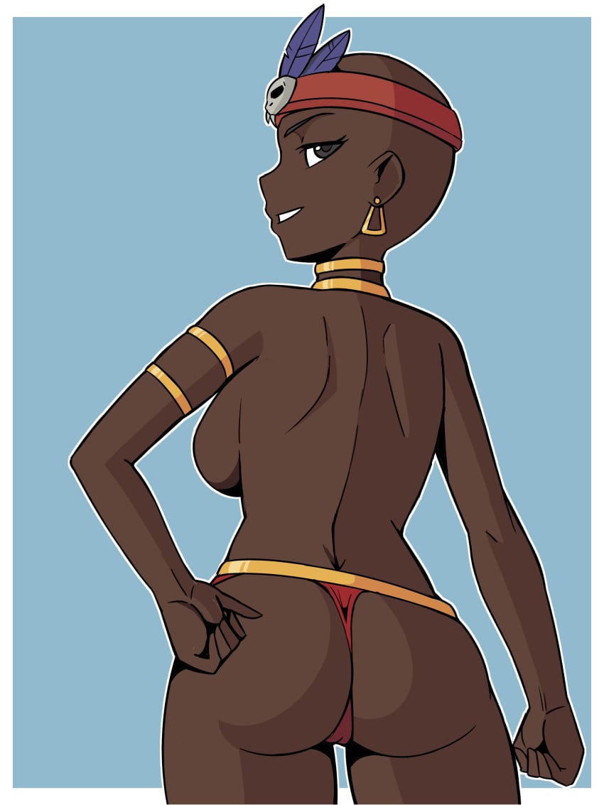 back bald bald_female bald_woman big_breasts big_hips black_eyes blue_background blue_feathers commission dark-skinned_female dark_skin earrings feathers golden_earrings golden_necklace necklace nude_female oc