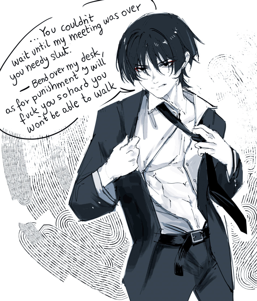 black_and_white degradation degradation_text dialogue genshin_impact jacket_open masculine muscular scaracookiee scaramouche_(genshin_impact) solo solo_focus solo_male suit_and_tie suit_jacket undressing