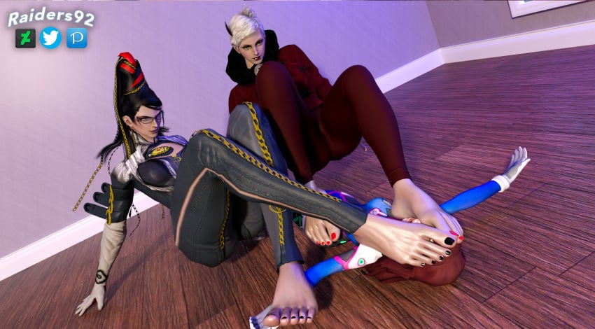 3d 3girls bayonetta bayonetta_(character) beehive_hairdo clothed clothed_female crossover d.va feet feet_on_face female female_only femdom femsub foot_fetish foot_on_breast glasses indoors jeanne_(bayonetta) lesbian overwatch raiders92 sitting sitting_on_floor toes wooden_floor yuri