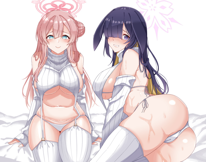 2girls allied_hyakkiyako_academy_student arm_support blue_archive cameltoe huge_ass huge_breasts inner_discipline_club_(blue_archive) light-skinned_female light_skin lying_on_side mimori_(blue_archive) ninjutsu_research_club_(blue_archive) rynn_(darknescorez) sideboob sitting sweaty_body thick_thighs tsukuyo_(blue_archive) underboob very_sweaty virgin_destroyer_sweater wide_hips