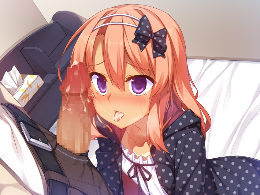 blush bow censored cum cum_in_mouth cum_on_tongue cute_fang female hairband hairbow highres izumi_(racer) long_hair one-piece_tan open_mouth oral original penis pink_hair purple_eyes racer_(magnet) sitting solo_focus sweat tan tanline tears tongue tongue_out unseen_male_face