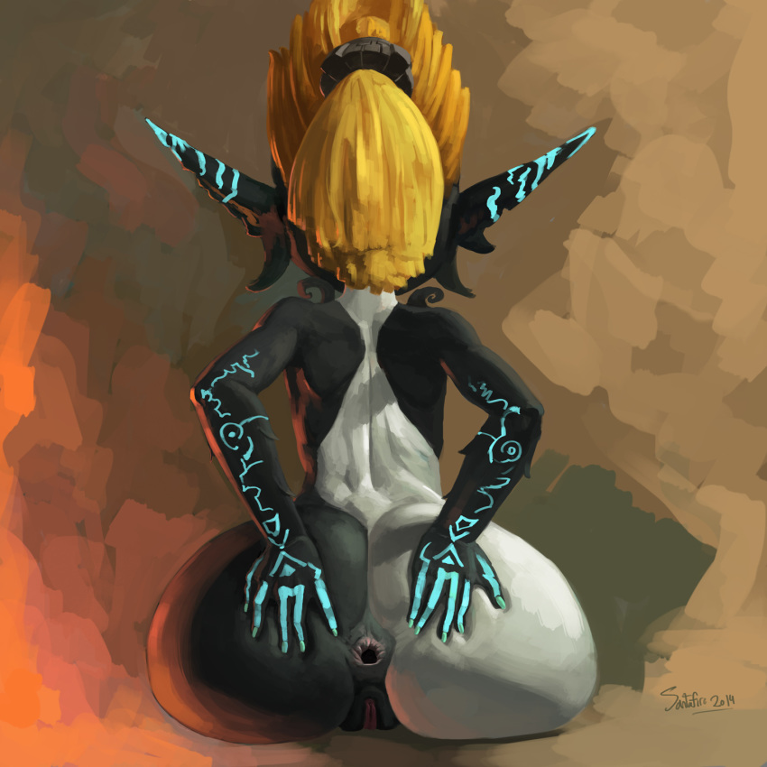 anus ass blonde_hair female gape gaping gaping_anus imp_midna midna neon_trim nintendo no_helmet_imp_midna pointy_ears ponytail presenting pussy santafire sitting solo spread_anus the_legend_of_zelda tied_hair twilight_princess two_tone_skin