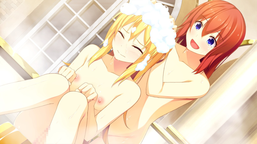 2girls areolae bath blonde_hair blue_eyes blush breasts cccpo censored closed_eyes flat_chest game_cg happy highres legs long_hair multiple_girls nipples nude open_mouth pussy red_hair sekai_wo_sukuu_dake_no_kantan_na_oshigoto sitting small_breasts smile steam thighs washing washing_another wet