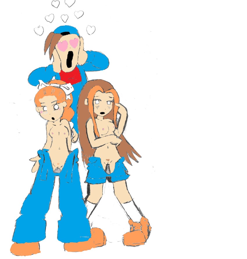 1boy 2girls ann_(harvest_moon) harvest_moon jack_(harvest_moon) karen_(harvest_moon) tagme undressing