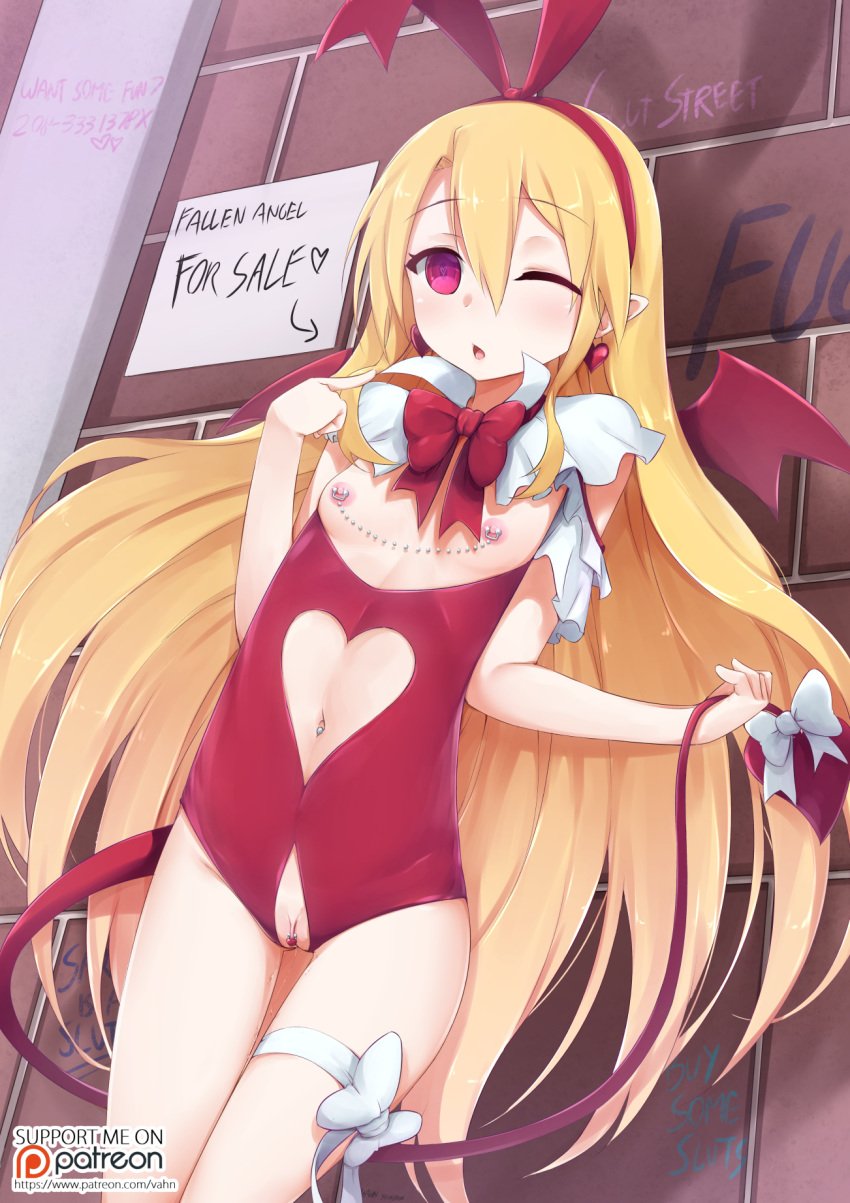 1girls areolae blonde_hair bow bunnysuit clitoris_piercing crotch_cutout crotchless crotchless_leotard demon_girl demon_tail demon_wings disgaea earrings english english_text eyebrows_visible_through_hair female female_only female_solo flat_chest flonne flonne_(fallen_angel) hair_between_eyes hair_ornament hair_ribbon hairband heart heart_earrings high_resolution holding_own_tail jewelry leotard linked_piercings long_hair navel navel_cutout navel_piercing nipple_chain nipple_piercing nipples one_eye_closed open_mouth piercing pointed_ears pointing pointing_at_self prostitution red_bow red_eyes red_hairband red_leotard red_wings revealing_clothes ribbon small_breasts solo tail tail_bow text thigh_bow uncensored vagina vahn_yourdoom very_long_hair white_bow wings