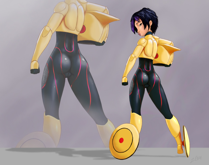 1girls armor asian ass aza big_hero_6 bodysuit brown_eyes cameltoe clenched_fist close-up disney female female_only from_behind gogo_tomago hair headgear helmet highres jpeg lipstick looking_back marvel marvel_comics pose rear_view short_hair signature skin_tight solo standing two_tone_hair zenu