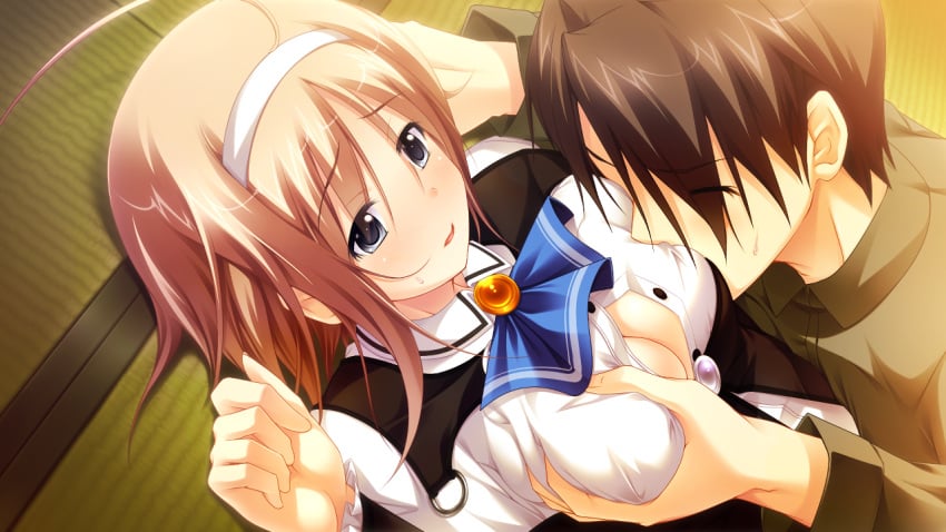 anata_no_koto_wo_suki_to_iwasete black_hair blonde_hair blue_eyes blush breast_grab breast_sucking breasts cleavage closed_eyes cygnus female game_cg hairband highres konoha_nao large_breasts looking_down lying satofuji_masato school_uniform short_hair sweat