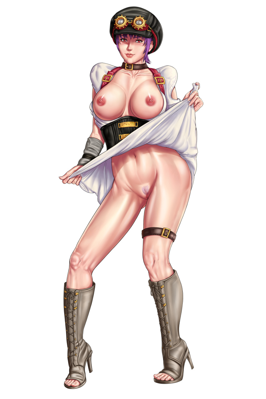 ayane_(doa) boots breasts collar corset dead_or_alive dress female female_only goggles hat high_heels human large_breasts nipples no_panties pubic_hair purple_hair pussy red_eyes red_pyramid short_hair shunori solo standing tecmo thigh_strap wristband