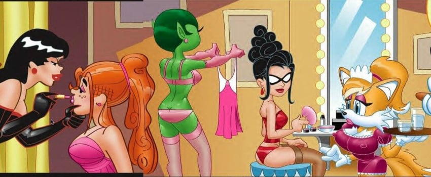 androgynous anthro archie_andrews archie_comics ass ass_cleavage bathgate21 batman_(series) beast_boy black_hair blue_eyes bra breasts butt_crack classic_tails clothescorset crossover dark_hair dc dc_comics dick_grayson dominatrix dressing_room earrings erect_nipples eyeshadow female femboy feminization furry gloves green_hair green_skin human lingerie lipstick maid maid_uniform makeup male mask mirror multiple_girls nipples panties pink_lipstick purple_eyeshadow purple_lips purple_lipstick red_hair red_lips red_lipstick red_panties robin_(dc) robin_(dick_grayson) rule_63 sega sonic_(series) sonic_team sonic_the_hedgehog_(series) sonic_the_hedgehog_2 straight_hair tails teen_titans thighhighs trap underwear veronica_lodge