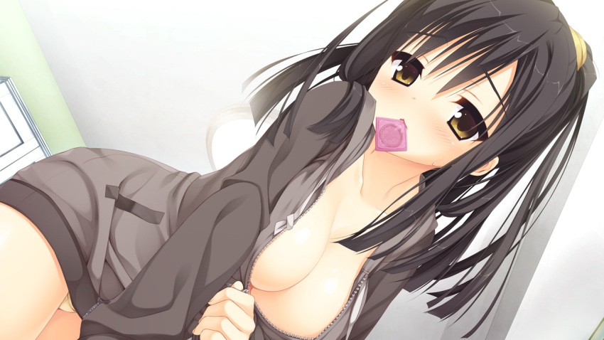 :< black_hair blush breasts brown_eyes cleavage collarbone condom_wrapper female game_cg hoodie large_breasts long_hair looking_at_viewer mouth_hold muririn ponytail sanoba_witch solo tied_hair togakushi_touko unzipping zipper