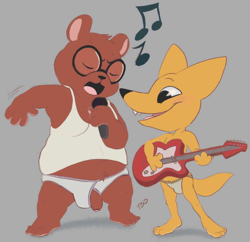 3_fingers 4_fingers angus_(nitw) anthro bear blush briefs brown_fur bulge canine celestial closed_eyes clothing duo eyewear flaccid fox fur glasses gregg_(nitw) guitar humanoid_penis jockstrap male male_only mammal microphone musical_instrument navel night_in_the_woods open_mouth overweight overweight_male penis romantic_couple singing standing tbid tongue uncut underwear yellow_fur