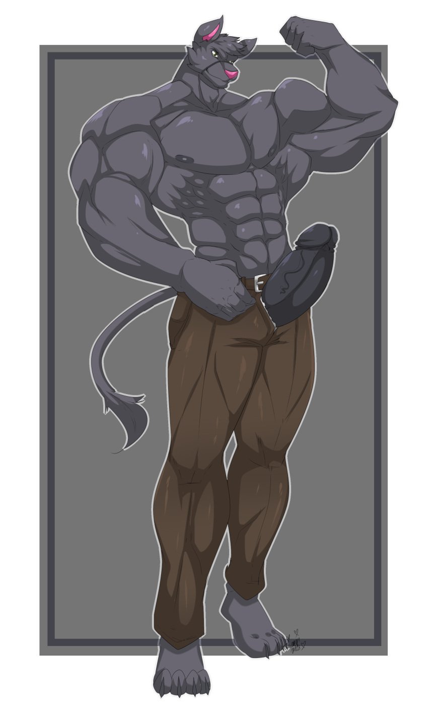 anthro clothed clothing erection feline flexing humanoid_penis male male_only mammal muscular muscular_male oppaioppaioppai pecs penis penis_through_fly poking_out smile solo standing topless vein