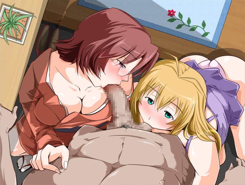 1boy 2girls ass blonde_hair blush breasts censored collaborative_fellatio double_fellatio fellatio female glasses green_eyes group_sex ikkitousen large_breasts long_hair milf mosaic_censoring mother_and_daughter multiple_fellatio multiple_girls oral oyakodon penis sato_(pixiv956274) sex sonsaku_goei sonsaku_hakufu teamwork testicles threesome