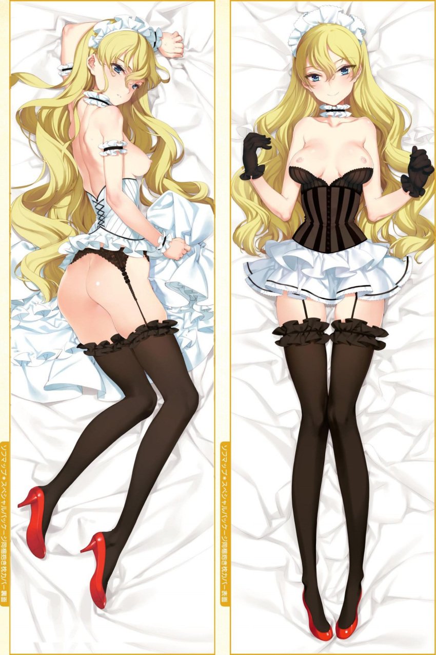 ass bare_shoulders black_gloves black_legwear blonde_hair blue_eyes blush choker cleavage collarbone corset curly_hair dakimakura eiyuu_senki eiyuu_senki_gold frills garter_belt high_heels kay_(eiyuu_senki) legs lingerie long_hair long_legs maid_headdress ooyari_ashito shoes sideboob skirt tenco thighhighs