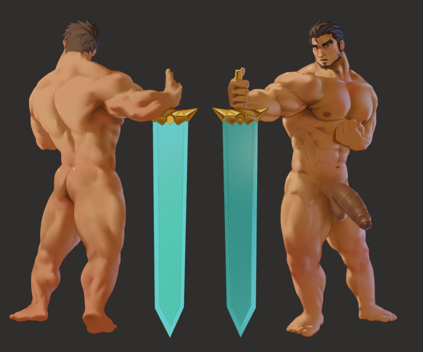 1boy abs ass bara beard brown_hair completely_nude facial_hair forked_eyebrows full_beard gazef_stronoff girthy_penis greatsword hair_slicked_back highres lang_zha_zha large_penis looking_at_viewer male_focus mature_male multiple_views muscular muscular_male navel nipples nude overlord_(maruyama) penis planted planted_sword short_hair standing stomach strongman_waist sword thick_eyebrows thick_thighs thighs weapon