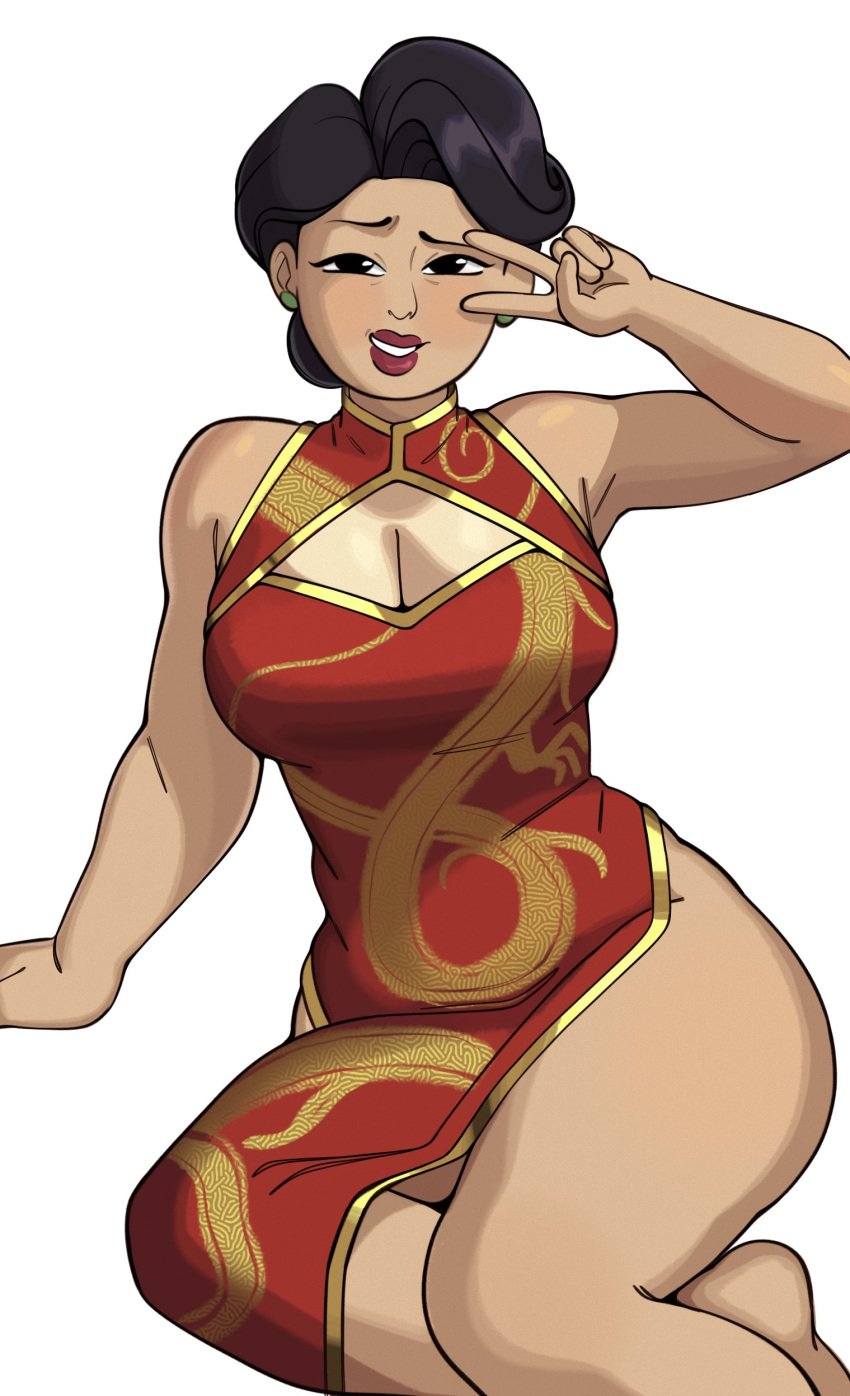 armpit_peek bare_shoulders black_hair boob_window cheongsam chinese_clothes cleavage disney embarrassed female ming_lee peace_sign pelvic_curtain pixar sitrusimp sitting sleeveless solo turning_red white_background