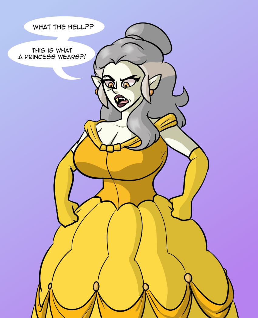 beauty_and_the_beast beauty_and_the_beast_(1991_film) belle belle_(beauty_and_the_beast) big_ass big_breasts clothes clothing commission commission_art commissioner_upload cosplay disney disney_princess dress earring earrings eda_clawthorne golden_eyes gray_hair grey_hair long_hair long_nails magic magic_user mature mature_female max1mus milf oerba_yun_fang pointy_ears poof poof_effect pose princess princess_dress princessification pussy queen speech_bubble text text_bubble the_owl_house tied_hair uncomfortable white_skin witch yellow_dress