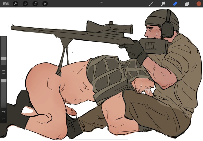 2boys alfeskimoo bara beard blowjob bottomless_male erection facial_hair fellatio gay gay_sex glaz_(rainbow_six) goatee human kapkan_(rainbow_six) male male/male male_only male_pubic_hair manly mature_male military mustache oral oral_sex penis penis_out precum precum_drip procreate_(software) rainbow_six_siege sniper sniper_rifle uniform