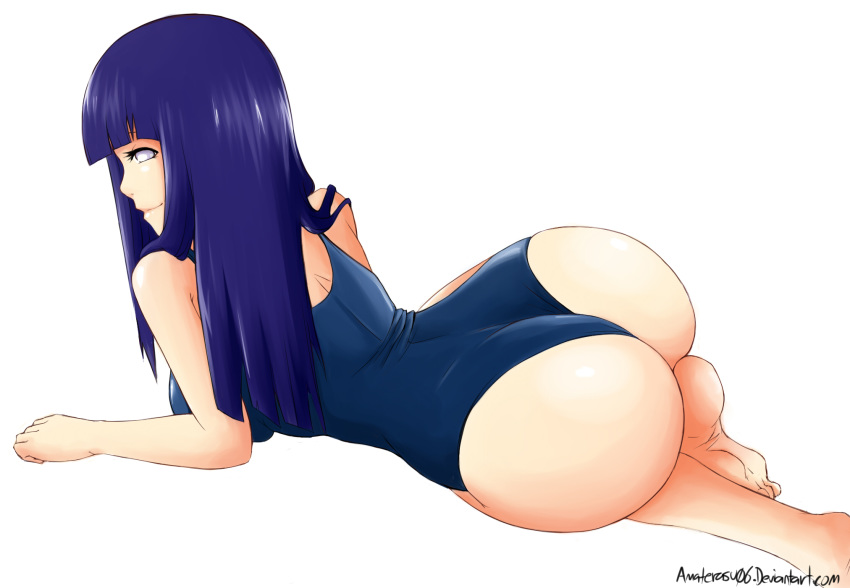 ass barefoot blue_hair breasts dat_ass evildei female female_only from_behind highres hime_cut huge_ass human hyuuga_hinata large_breasts long_hair lying naruto naruto_shippuden on_side one-piece_swimsuit purple_eyes school_swimsuit seductive_smile simple_background solo swimsuit white_background