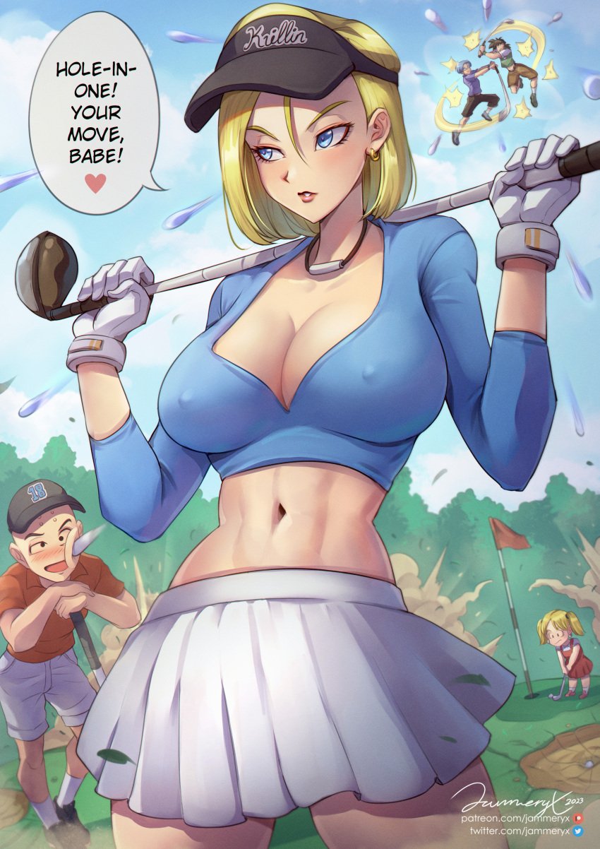 2girls 3boys abs android_18 bald big blonde_hair blue_eyes blush breasts couple dragon_ball_super english_text female fighting golf hard_nipples husband_and_wife in_love jammeryx krillin kuririn male marron nipples son_goten speech_bubble tagme thick_thighs thighs trunks_briefs