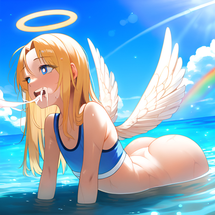 2boys a.i.ddicted after_fellatio after_oral ai_generated angel angel_wings big_ass big_butt blonde_hair blue_eyes crimvael cum_in_mouth cum_on_face excessive_cum felation femboy feminine_male gay girly ishuzoku_reviewers long_hair male male_only novelai ocean oral oral_sex partially_submerged saliva sports_bra water wings