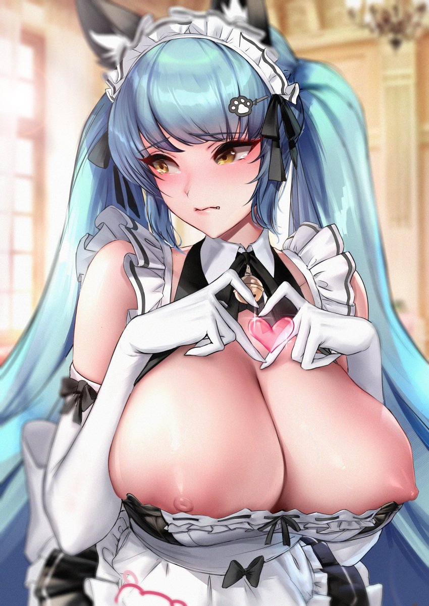 absurdres animal_ears apron aqua_hair bare_shoulders blurry blurry_background blush breasts chandelier cian_yo cleavage depth_of_field elbow_gloves embarrassed female frills gloves goddess_of_victory:_nikke hair_ornament heart heart_hands highres horny huge_breasts long_hair looking_to_the_side maid maid_apron maid_headdress nipple_slip nipples no_bra official_alternate_costume parted_lips privaty_(nikke) privaty_(unkind_maid)_(nikke) sidelocks solo turtleneck twintails upper_body white_gloves white_headwear window yellow_eyes