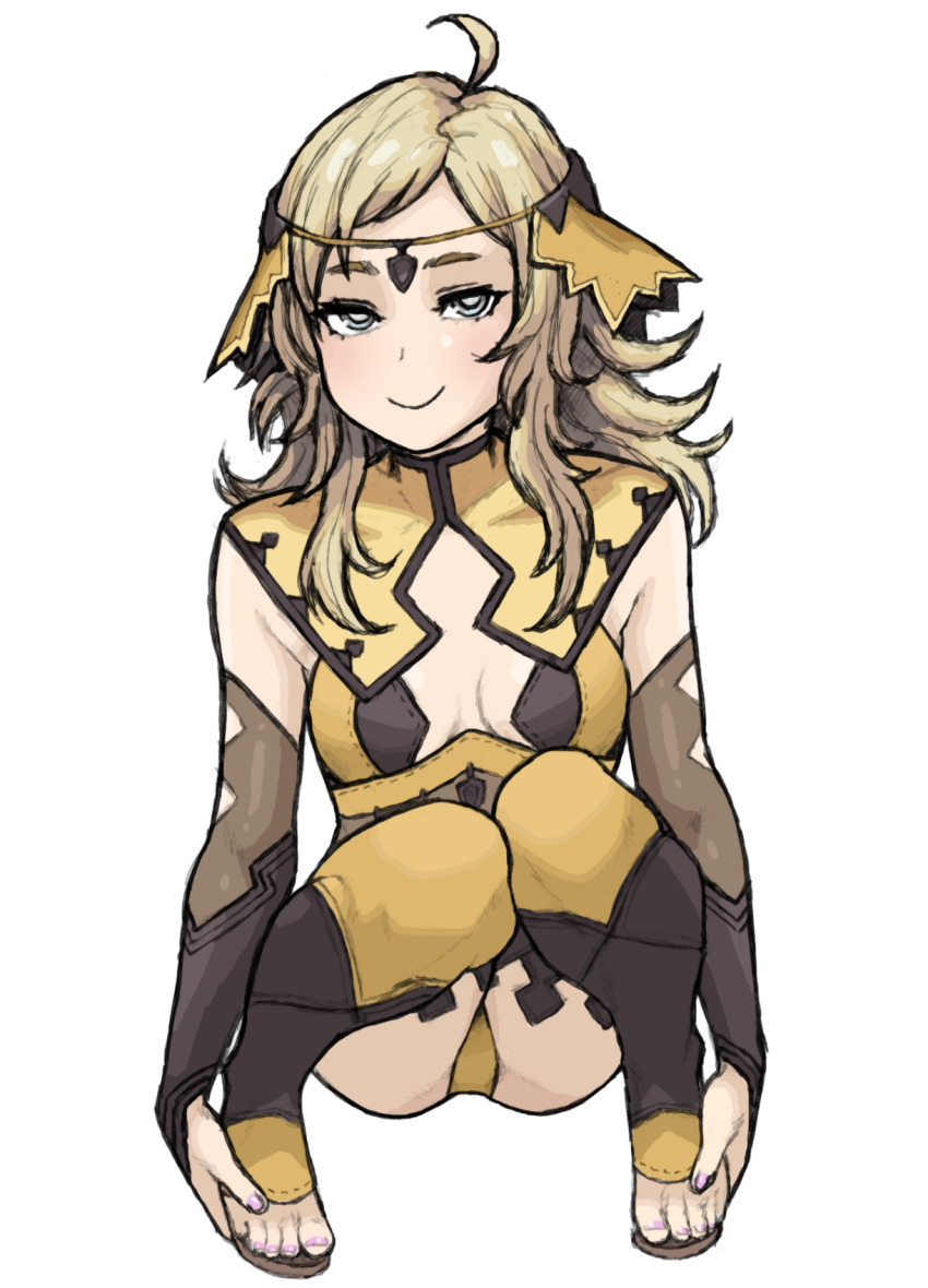 1girls ahoge alternate_breast_size black_bridal_gauntlets blonde_hair breasts bridal_gauntlets circlet closed_mouth female female_only fire_emblem fire_emblem_fates grey_eyes highres long_hair looking_at_viewer nail_polish nintendo ophelia_(fire_emblem) panties petite pink_nails sidelocks small_breasts smile solo swept_bangs thighhighs toeless_footwear toeless_legwear toes underwear undressing wabaki white_background yellow_panties