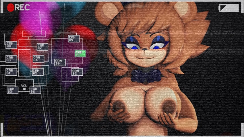 anthro areolae azul_uwu big_breasts bowtie brown_body female female_only five_nights_at_freddy's freddy_(fnaf) fredina's_nightclub fredina_(cally3d) frenni_fazclaire hand_on_breast nude_female scottgames